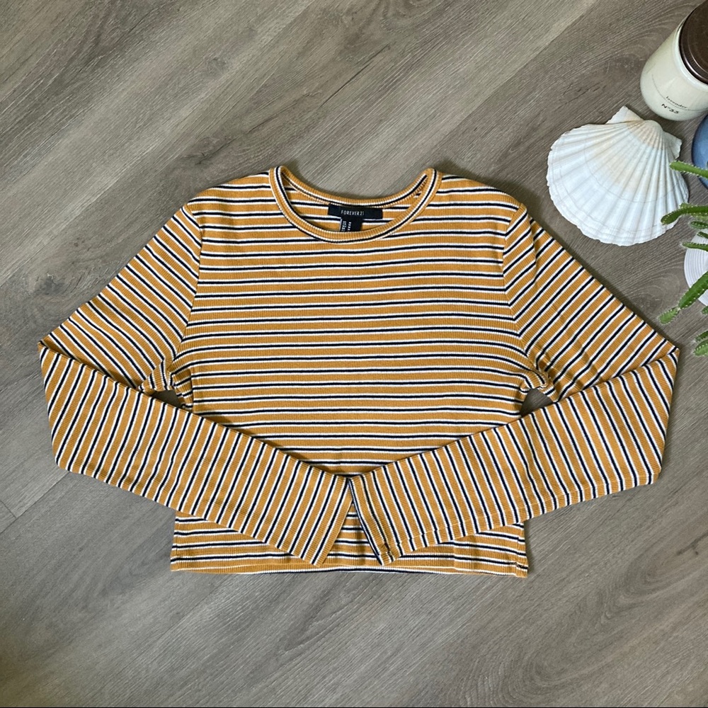 yellow black & white striped long sleeve ribbed crew neck stretch top | medium